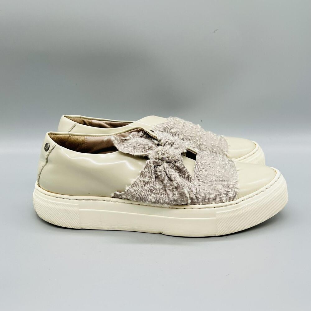 AGL Shoes Womens 8 Beige Leather Knotted Bow Slip On Platform Sneakers Comfort